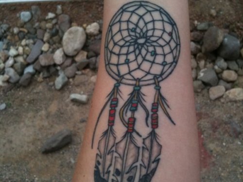 Wonderful Grey Ink Dreamcatcher Tattoo On Left Forearm